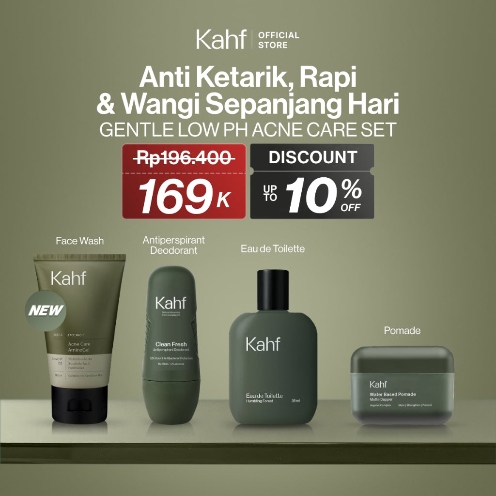 [KAHF BUNDLE 4IN1 PAKET BEBAS KUSAM : ANTI KETARIK, RAPI, & WANGI SEPANJANG HARI] Paket Grooming (Pomade/Hair Powder + Face Wash + Deodorant + Eau de Toilette) - Approved by Barber and Suitable for Daily Use