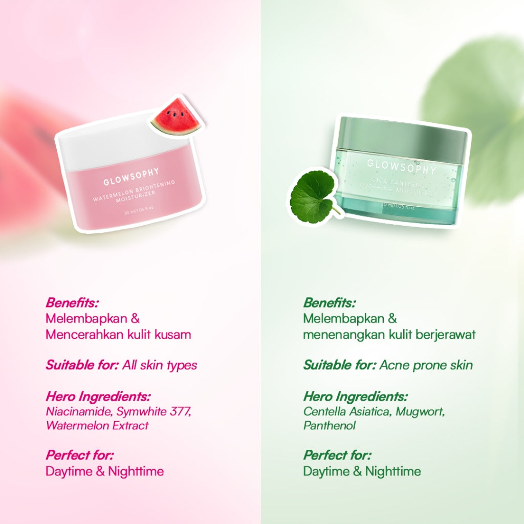 Glowsophy Bundle 3Pcs Watermelon Brightening Moisturizer Niacinamide Mugwort Gel Day and Night Skincare 30 ml