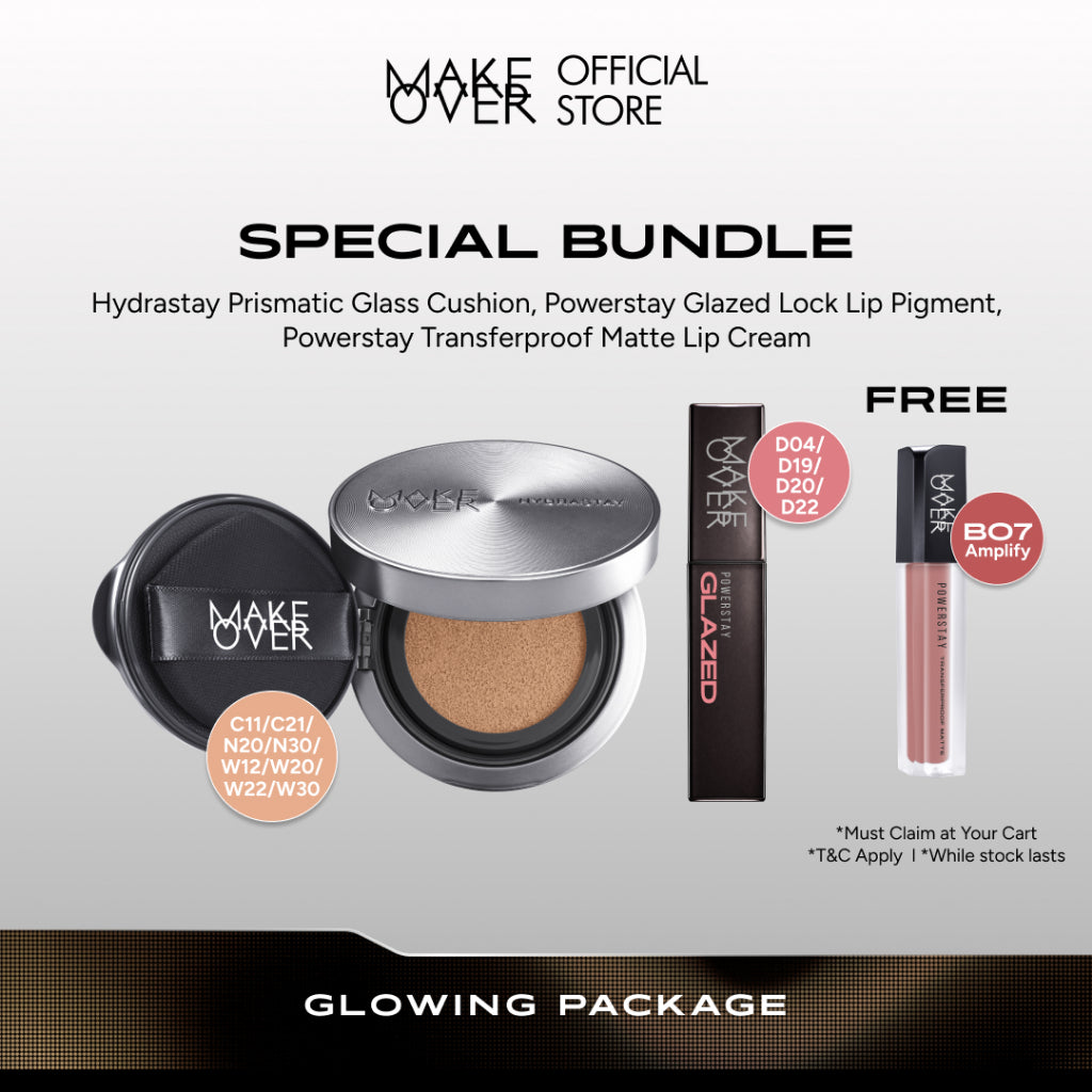 MAKE OVER Glowing Package: Hydrastay Prismatic Glass Cushion + (NEW SHADES!) Powerstay Glazed Lock Lip Pigment - Paket Cushion Glow Lip Glazed Sargio Glossy Pigmented Tahan Lama Spesial