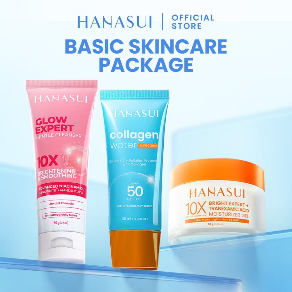【BUNDLE】HANASUI Basic Skincare Set - Glow Expert Gentle Cleanser Collagen Water Sunscreen SPF 50 Bright Expert Moisturizer Gel Micellar Water Niacinamide Tranexamic Acid Vitamin C Membersihkan Melembapkan Mencerahkan Wajah