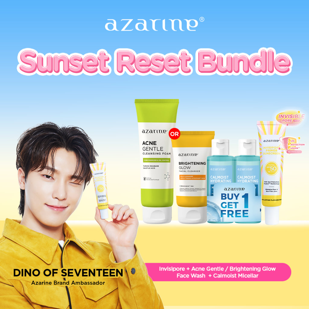 Azarine Sunset Reset Bundle [3 PCS] Invisipore Primer Sunscreen SPF 50 PA++++ Primer Makeup Pore Blurring Tahan Lama + Azarine Face Wash Pembersih Wajah + Calmoist Micellar Water Make Up Remover dengan PENTAVITIN™