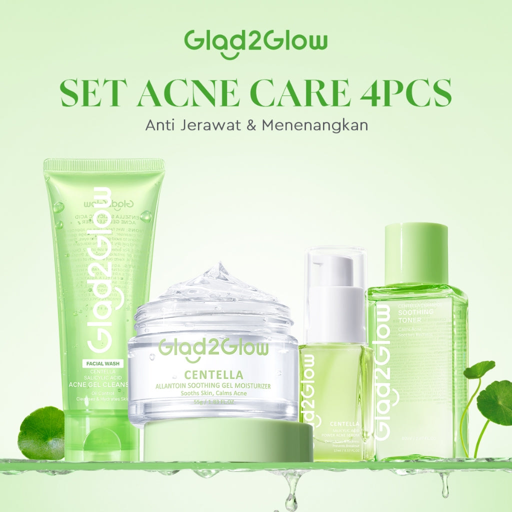 Glad2Glow Acne Jerawat Bundle 4pcs paket Centella madeca cream-Moisturizer+Serum+Cleanser+Toner Skincare Centella Masker Menghilangkan Menenangkan kemerahan pada kulit Atur Minyak BerlebihMerawat Kulit g2glow official store acnaway