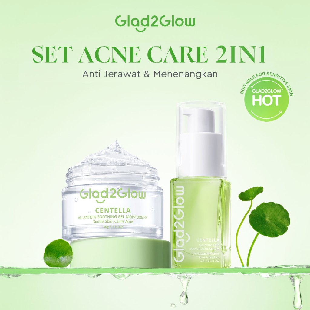 Glad2Glow Acne Jerawat Bundle 4pcs paket Centella madeca cream-Moisturizer+Serum+Cleanser+Toner Skincare Centella Masker Menghilangkan Menenangkan kemerahan pada kulit Atur Minyak BerlebihMerawat Kulit g2glow official store acnaway
