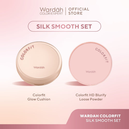 WARDAH Paket Silk Smooth Set - Colorfit Perfect Glow Cushion + Colorfit HD Blurify Loose Powder - Makeup - Tahan Lama dengan Bedak