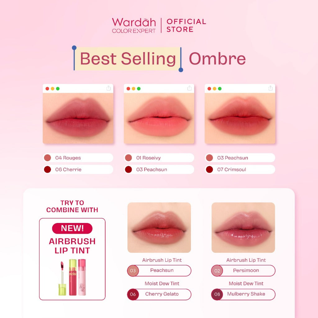 NEW! Wardah Airbrush Lip Tint - Soft-Blur Finish-Longlasting-Lightweight-Hydrates -Tahan Lama 24 Jam - Lip Stain - Lipgloss - Liptint - Lipstik - Lipcream - Lip Matte - Makeup