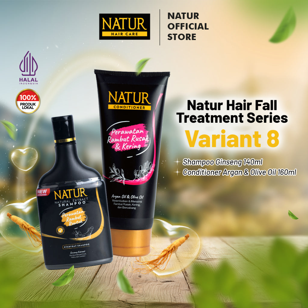 Natur Hair Fall Treatment - Paket Perawatan Haircare dengan Extract Ginseng dan Argan / Anti Hairfall (Anti Rambut Rontok) / Menguatkan serta memberi nutrisi / Vitamin Akar Rambut (Sampo, Hair Tonic, Conditioner) Shampoo & Conditioner
