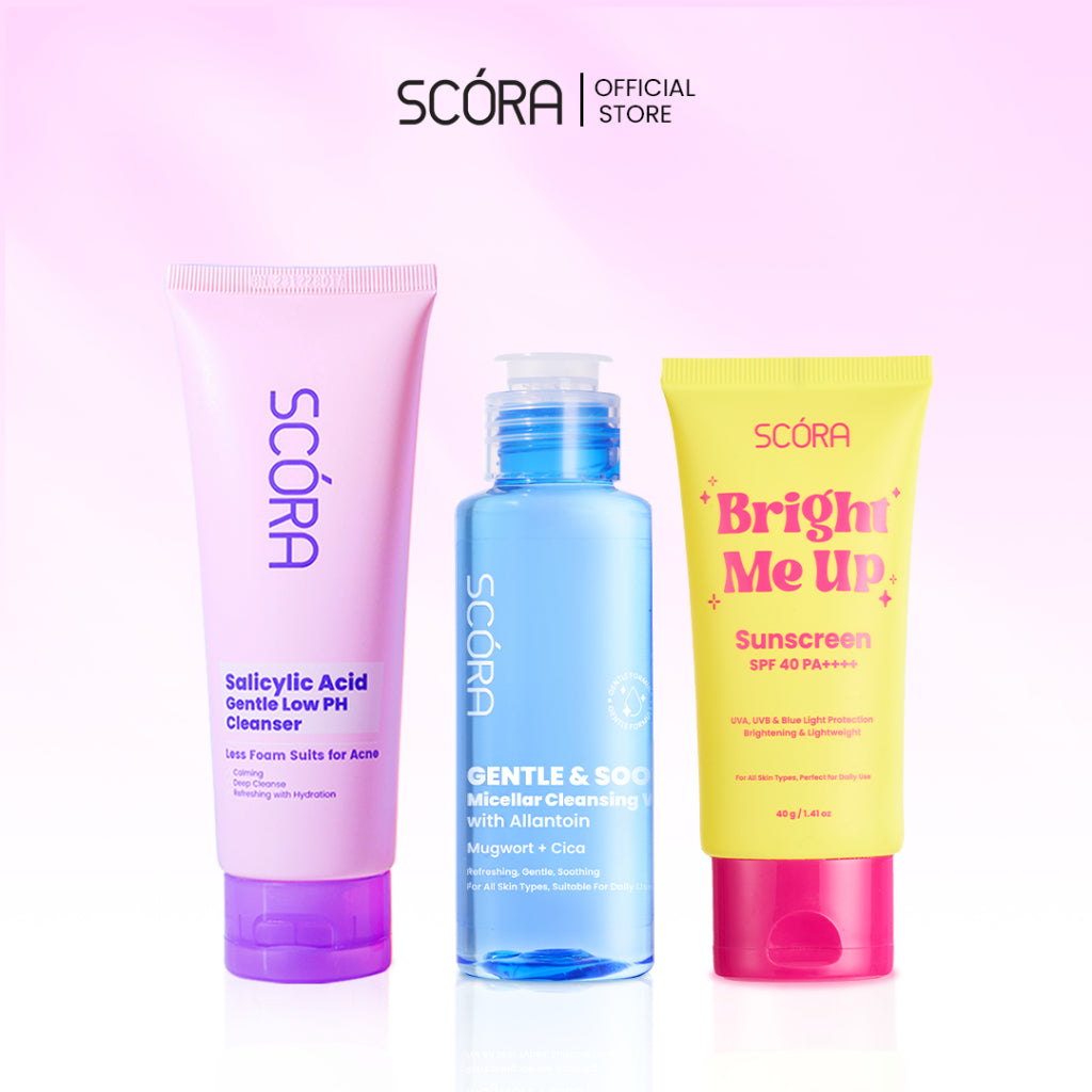 SCORA Bright Me Up Sunscreen 40 Gr + SCORA Gentle and Soothe Micellar Cleansing Water 100ML + SCORA Gentle Low pH Cleanser 100ml