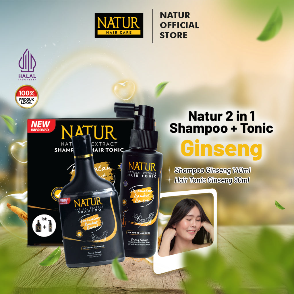 Natur Hair Fall Treatment - Paket Perawatan Haircare dengan Extract Ginseng dan Argan / Anti Hairfall (Anti Rambut Rontok) / Menguatkan serta memberi nutrisi / Vitamin Akar Rambut (Sampo, Hair Tonic, Conditioner) Shampoo & Conditioner