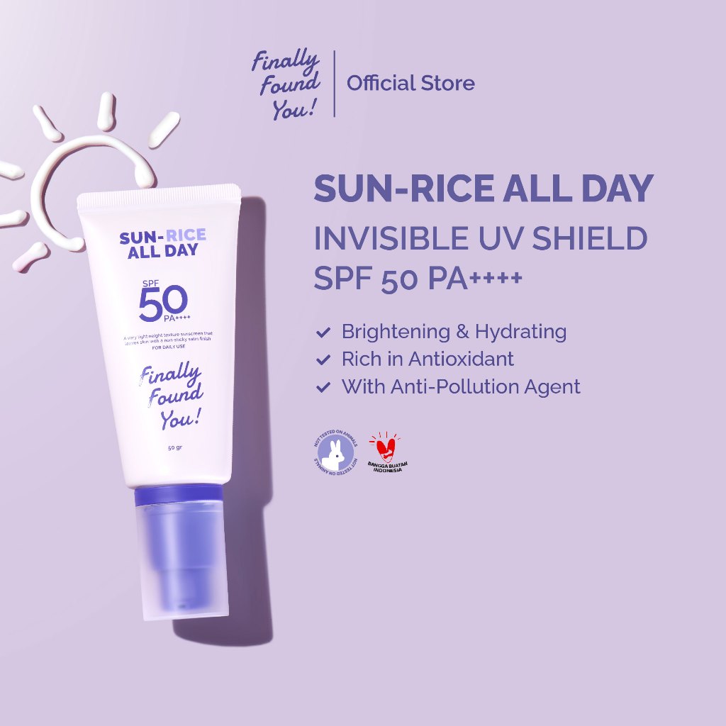 Finally Found You! SUN-RICE ALL DAY Invisible UV Shield SPF 50 PA++++ 50ml - Sunscreen Wajah untuk Semua Jenis Kulit, Melindungi dari Sinar UVA UVB, Mencerahkan Wajah dan Memberikan Hasil Glass Skin