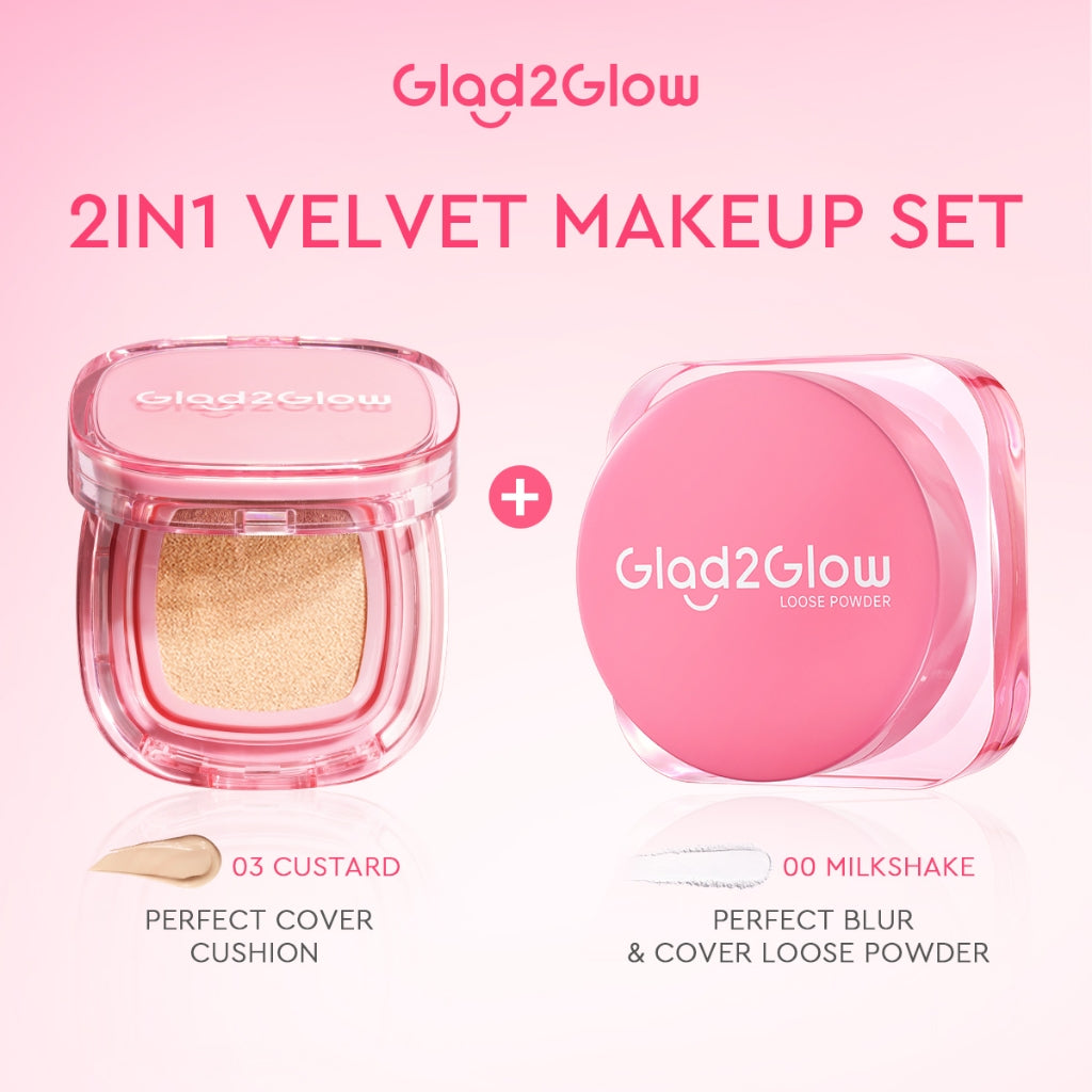 Glad2Glow 2lN1 VELVET MAKEUP SET-LOOSE POWDER+CUSHION Coverage Tinggi Second Skin Flawless Semi Matte Transferproof Tahan Lama instan Blurring Minyak Extract Air Blurry Technology