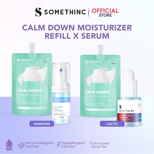[BUNDLE HEMAT] SOMETHINC [2 PCS] Calm Down Moisturizer Refill x Serum (Calm Down! Skinpair R-Cover Cream Moisturizer, Diamond Serum, 10% Lactic + Glycolic Peeling Serum, Diamond Serum) Pelembap Muka untuk Kulit Sensitif, Kemerahan - free jade roller