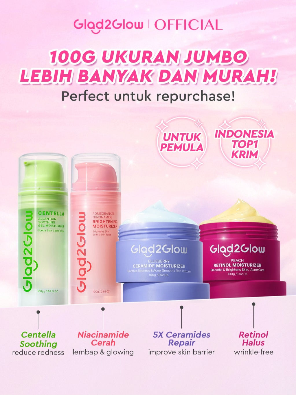 [Isi Besar Hemat]Glad2Glow Moisturizer Series100G Water Gel Niacinamide Brightening Retinol CentellaMencerahkan Pemutih Kulit Pelembab Bercahaya Krim Siang dan Malam Perawatan Kulit Ekstrak Delima Asam Lemak Asam Delima Wajah G2glow official store