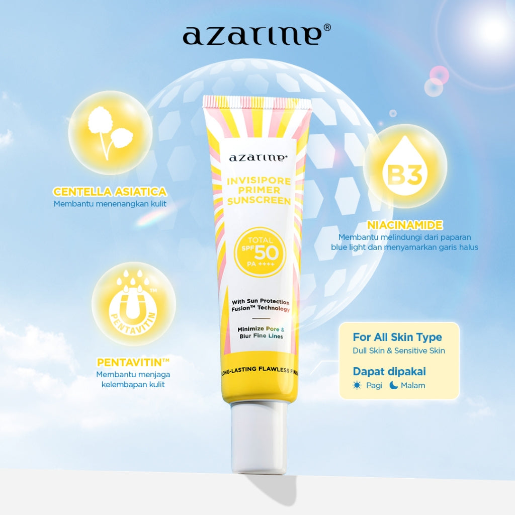 [BUY 4 GET 7] Azarine Daily Sun Guard [4 PCS] Invisipore Primer Sunscreen SPF 50 PA++++ Primer Makeup Pore Blurring Tahan Lama + Sunscreen Cushion SPF50 Tahan Lama Matte Finish + Glowkiss Sunscreen Pelembab Bibir + Intense Luminous Pelembab Wajah