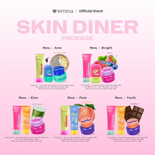 Emina Skin Diner Package 3pcs - Paket Skincare Moisturizer Serum Face Wash Sunscreen Pigmentation Brown Spots Pore Size Acne Collagen Boost