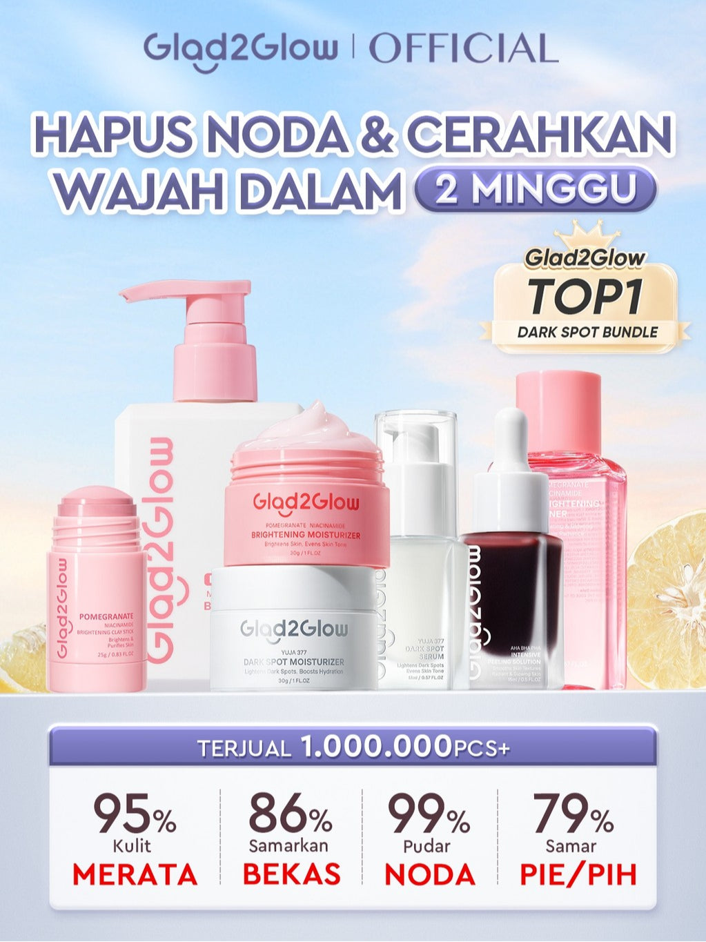 [ORDER NOW, HEMAT 30K]Glad2Glow Symwhite377 Dark Spot Bundle 7PCS-Yuja Skincare Cerah Brightening Moisturizer+Dark Spot Serum+Cleanser+Retinol Moisturizer+ Retinol Serum+Toner+Clay Stick Meringankan flek hitam mencerahkan warna kulit g2glow official store