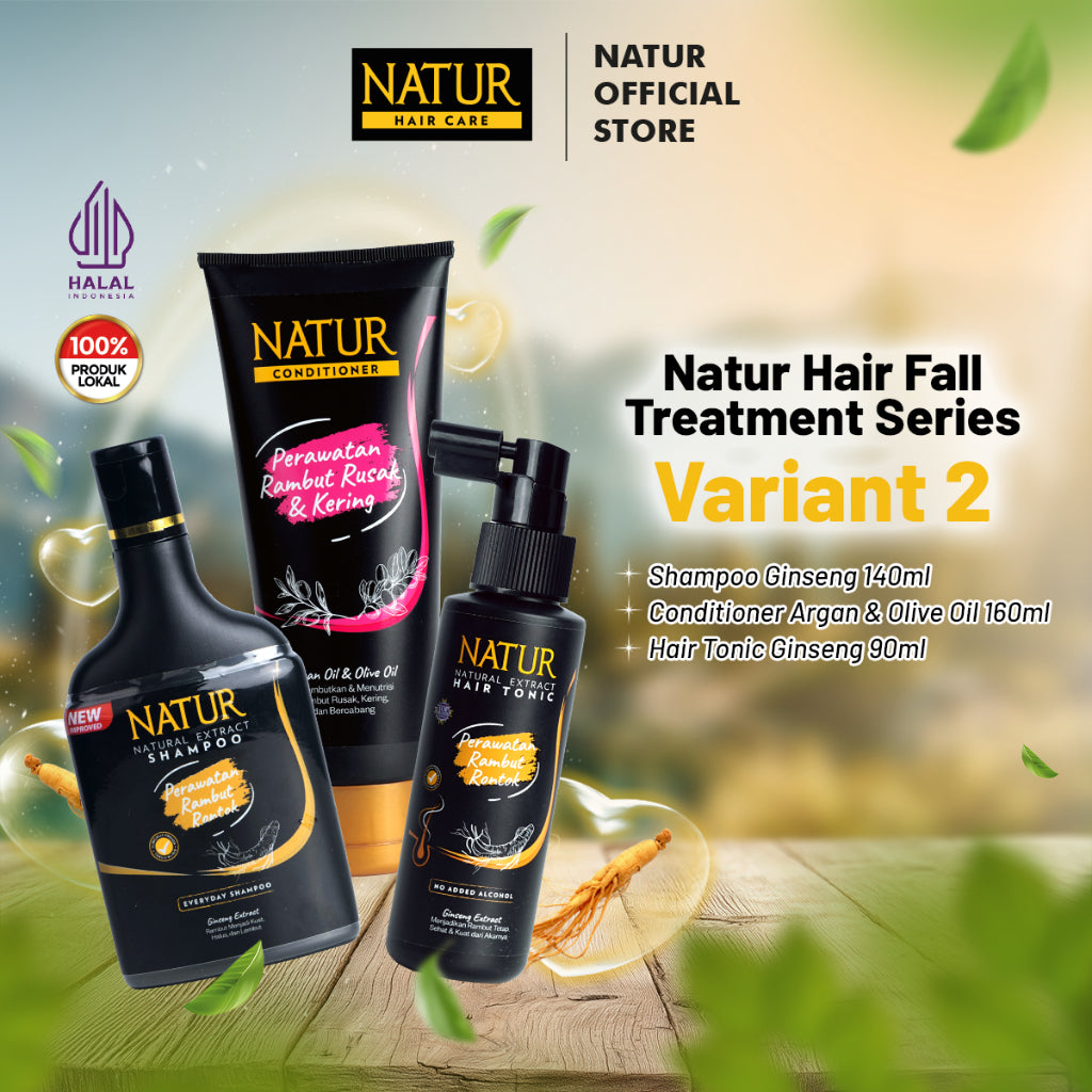 Natur Hair Fall Treatment - Paket Perawatan Haircare dengan Extract Ginseng dan Argan / Anti Hairfall (Anti Rambut Rontok) / Menguatkan serta memberi nutrisi / Vitamin Akar Rambut (Sampo, Hair Tonic, Conditioner) Shampoo & Conditioner