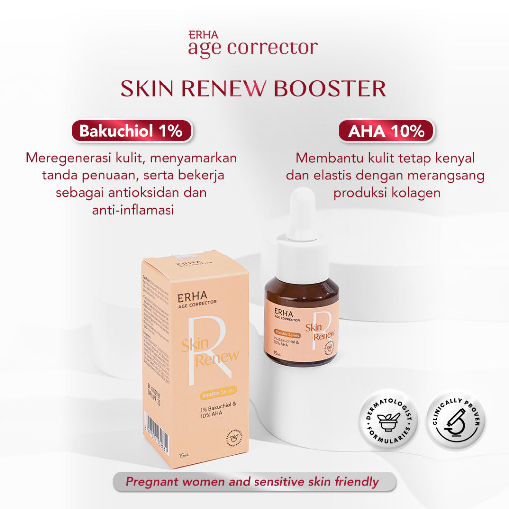 Erha Age Corrector Skin Renew Booster 15ml - 1% Bakuchiol & 10% AHA Booster Anti Aging | Alternatif Vegan Retinol | Meregerenasi Meremajakan Kulit | Menyamarkan Tanda Penuaan | Mencerahkan | Kolagen | Gentle untuk Kulit Sensitif