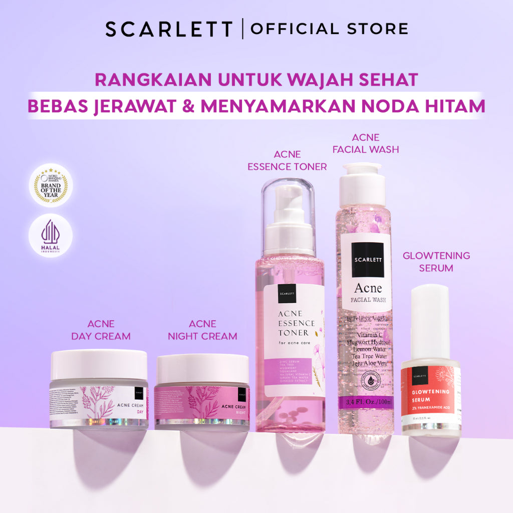 Scarlett Facecare Series PAKET untuk Membantu Mencerahkan Wajah , Menghilangkan Jerawat, Mencegah Penuaan ( Brightly Series/Acne Series/ Age Delay Series ) Paket Lengkap untuk Mencerahkan Wajah | Mencegah Jerawat Penghilang Jerawat | Anti Aging