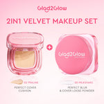 Glad2Glow 2lN1 VELVET MAKEUP SET-LOOSE POWDER+CUSHION Coverage Tinggi Second Skin Flawless Semi Matte Transferproof Tahan Lama instan Blurring Minyak Extract Air Blurry Technology