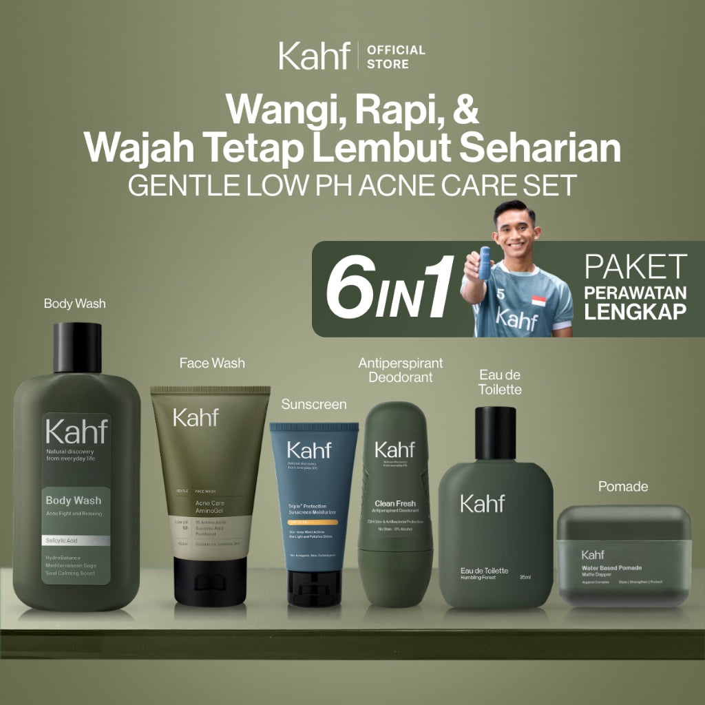 [KAHF BUNDLE 6IN1 PAKET PERAWATAN LENGKAP : WANGI, RAPI, & WAJAH TETAP LEMBUT SEHARIAN] Paket Complete Grooming (Face Wash + Sunscreen Moisturizer + Body Wash + Deodorant + EDT + Pomade/Hair Powder) - Approved by Barber and Suitable for Daily Use