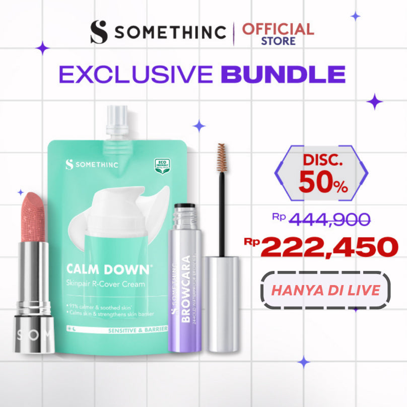 [PROMO LIVE 50%] SOMETHINC Skincare Makeup Trio | Maskara Alis Tahan Lama Anti Air Smudgeproof| Pelembap Muka untuk Kulit Sensitif, Kemerahan, Kulit Normal| Lipstick Batang Transferproof Calm Down, Browcara 24hold Waterproof Brow Gel, CheckmaTte