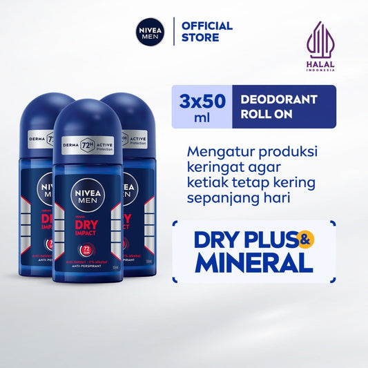 (PAKET HEMAT ISI 3) NIVEA MEN Deodorant Roll On Dry Impact 50ml - Deodoran pria anti bakteri antiperspirant anti noda baju wangi segar ketiak kering tahan lama seharian tahan keringat anti bau - Antiperspiran, tidak mengandung ethyl alkohol