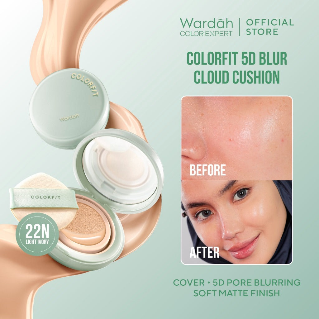WARDAH Colorfit 5D Blur Cloud Cushion Matte Finish Tahan Lama Hingga 18 Jam - SPF 50 PA+, Nano-Hyaluron, dan CICA Menyamarkan Pori & Tekstur Wajah Menyatu Dengan Kulit Non Comedogenic - Tahan Lama dengan Bedak - Makeup