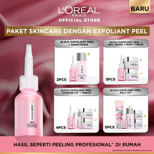 [BARU] Paket Skincare Glycolic Bright Exfoliant Peel, Moisturizer, Serum, Sunscreen, Cleanser, Full Kit Paket | Peeling Solution Hasil Seperti Peeling Profesional Di Rumah Menyamarkan Noda Hitam Bekas Jerawat Acne | Eksfoliasi Kulit Mati