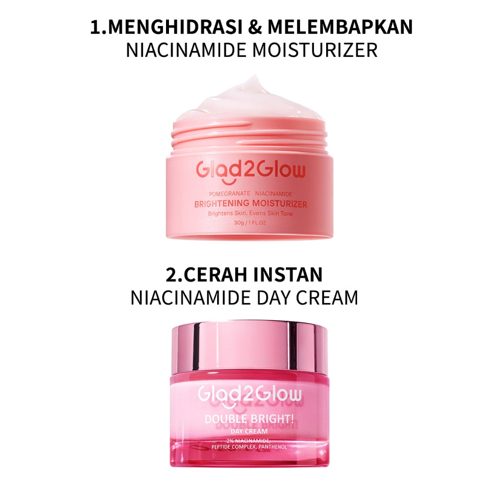 Glad2Glow Double Bright Day Cream tone up cerah Niacinamide Moisturizer brightening wajah cream pemutih wajah day cream Night Cream whitening cream skincare glowing BB cream Mencerahkan warna kulit halus g2glow official store