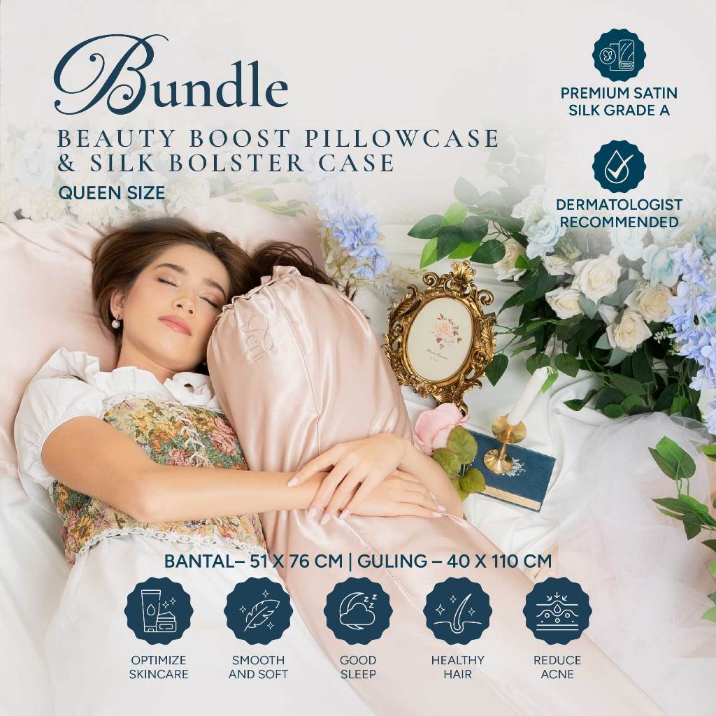BUNDLE Sarung Bantal dan Guling Set PREMIUM Satin Silk Beauty Boost Pillowcase dan Bolster Case (Queen Size)
