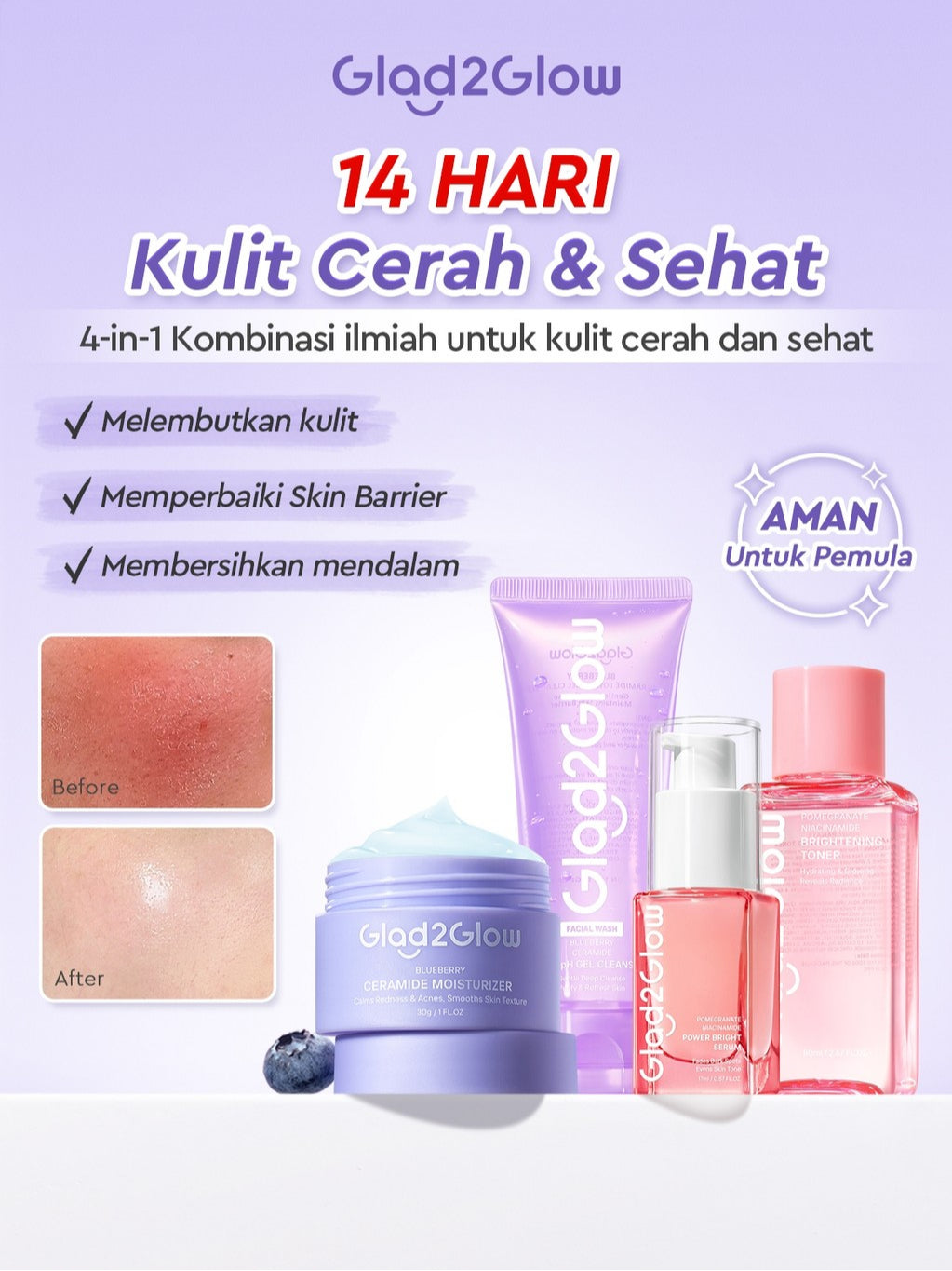 [SET REPAIR&GLOWING]Glad2Glow Glowing&Sehat&Lembap Bundle 4in1-Blueberry Moisturizer+Cerah Krim+Brightening Serum+Pulihkan cleanser+eksfoliasi Toner-skincare Beauty Sets&Packages cream pemutih wajah facial wash eksfoliasi wajah peeling