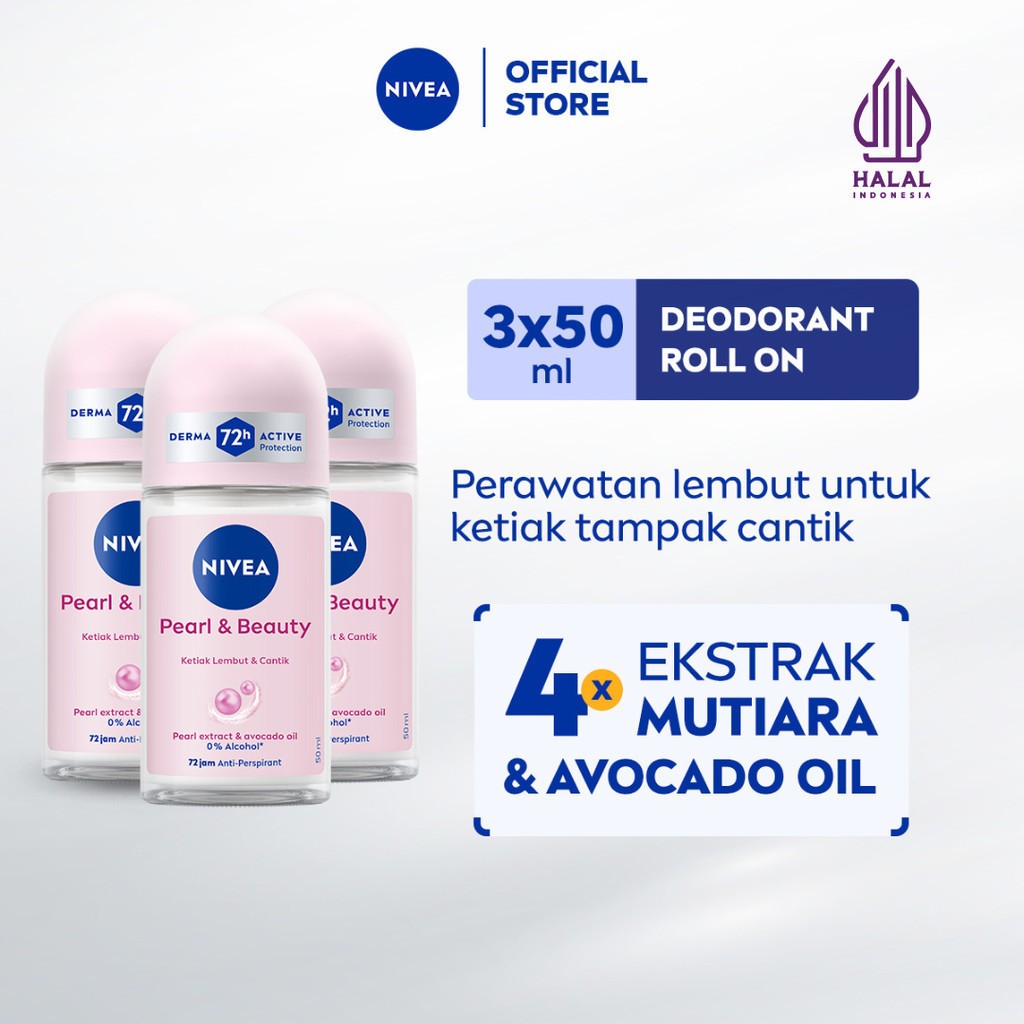(PAKET HEMAT ISI 3) NIVEA Deodorant Roll On Pearl & Beauty 50ml - Deodoran wanita mencerahkan brightening glowing kulit ketiak halus tahan keringat dan anti bau badan - Antiperspiran, Ekstrat mutiara, Avocado oil, 0% alkohol cocok semua jenis kulit