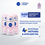 (PAKET HEMAT ISI 3) NIVEA Deodorant Roll On Pearl & Beauty 50ml - Deodoran wanita mencerahkan brightening glowing kulit ketiak halus tahan keringat dan anti bau badan - Antiperspiran, Ekstrat mutiara, Avocado oil, 0% alkohol cocok semua jenis kulit