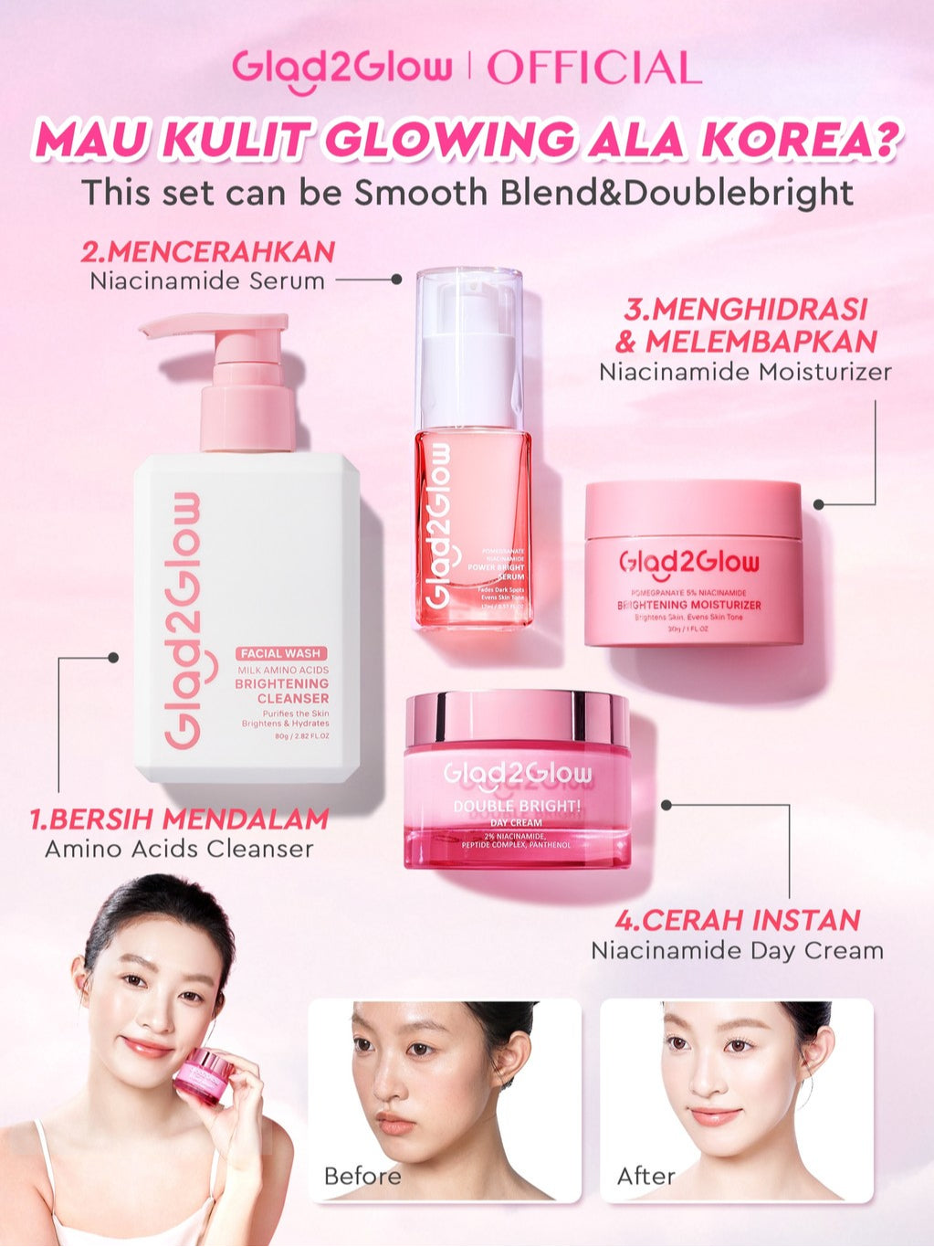[OUTING SET]Glad2Glow Double Bright Day Cream 4PCS tone up 4in1 bundle cerah Niacinamide Moisturizer brightening wajah cream pemutih wajah day cream Night Cream whitening cream skincare glowing BB cream Mencerahkan warna kulit halus g2glow official store
