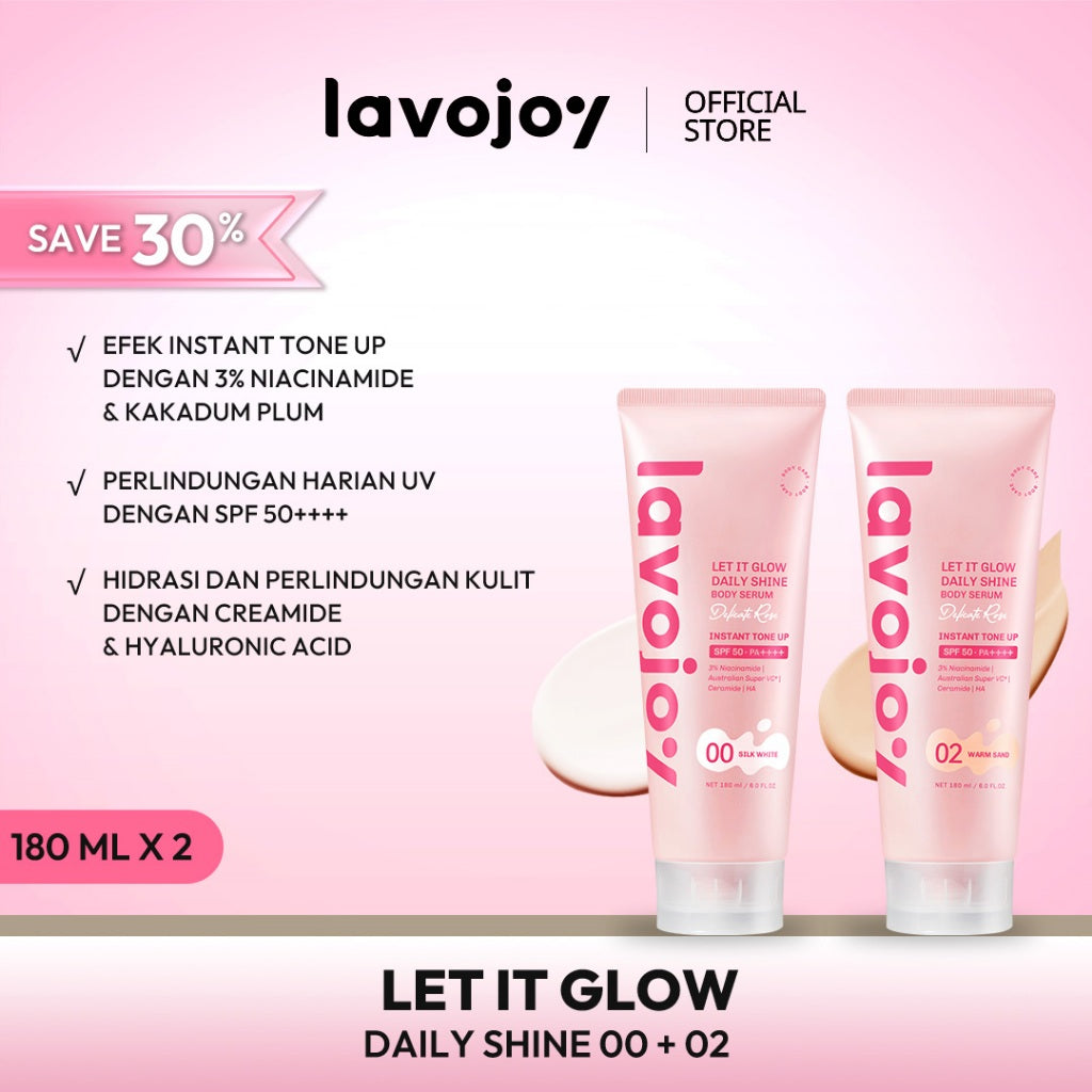 [TONE UP TWINPACK] Lavojoy Let It Glow Daily Shine Body Serum Instant Tone Up Delicate Rose with SPF 50PA++++ | Body Serum untuk Perlindungan Sinar UV | Mencerahkan Seketika & Melembapkan Kulit dengan 3% Niacinamide + Australian Super VC + Ceramide + HA