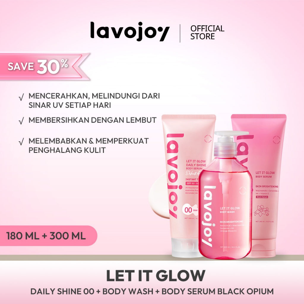 [BRIGHTENING SET] Lavojoy Let It Glow Body Serum Skin Brightening + Body Serum Instant Tone Up SPF 50 PA++++ Body Wash Skin Brightening Upgraded Version 3 in 1 Bundle Set | Mencerahkan dan Melembabkan kulit | Fresh dan Elegant