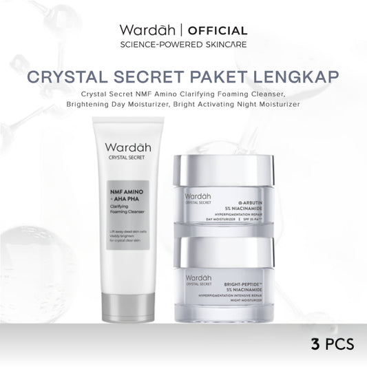 [EXCLUSIVE EKA MULYANI] WARDAH Paket Crystal Secret Lengkap - Crystal Secret NMF Amino + AHA PHA Clarifying Foaming Cleanser, Crystal Secret Brightening Day Cream, Crystal Secret Bright Activating Night Cream - Skincare