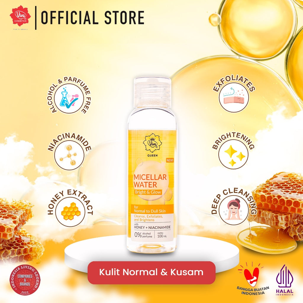 Viva Queen Micellar Water Bright & Glow with NIACINAMIDE & Honey, Alcohol Free, Perfume Free - Daily Cleanser & Make Up Remover - 100ml