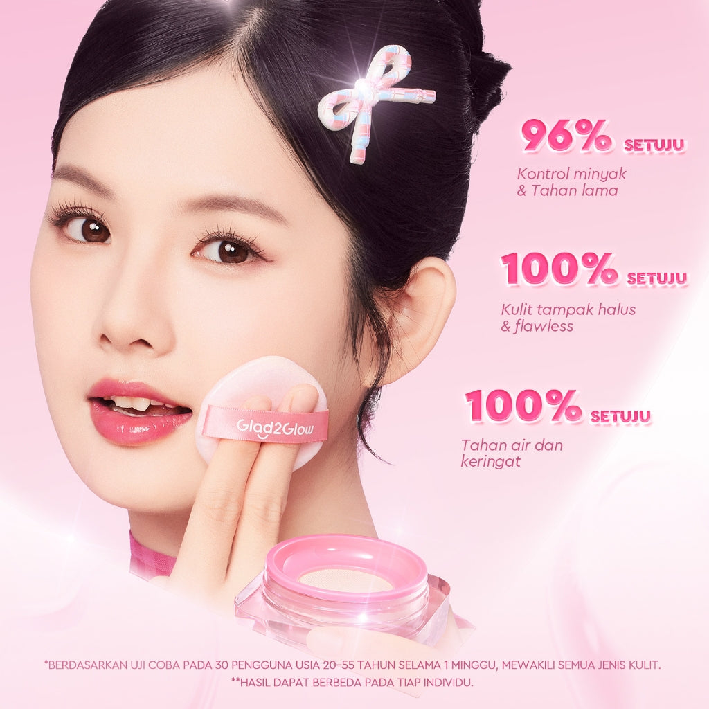 Glad2Glow 2lN1 VELVET MAKEUP SET-LOOSE POWDER+CUSHION Coverage Tinggi Second Skin Flawless Semi Matte Transferproof Tahan Lama instan Blurring Minyak Extract Air Blurry Technology