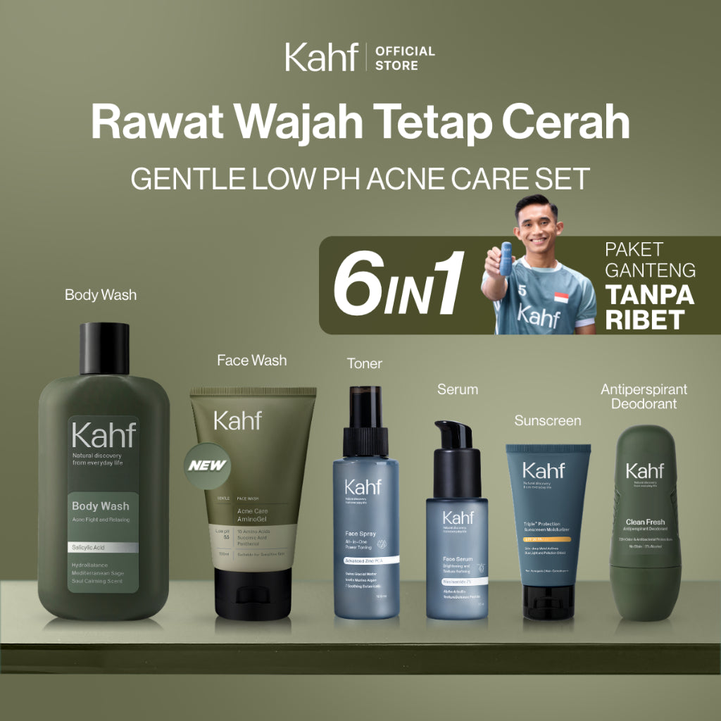[SPECIAL 11.11 : KAHF BUNDLE 6IN1 PAKET GANTENG TANPA RIBET] Paket Complete Set (Face Wash + Toner + Serum + Sunscreen Moisturizer + Body Wash + Deodorant) - Rawat Wajah Tetap Cerah & Tanpa Jerawat - Suitable for Daily Use