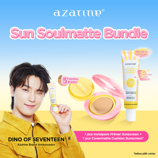 Azarine Sun Soulmatte Bundle [2 PCS] Invisipore Primer Sunscreen SPF 50 PA++++ Primer Makeup Pore Blurring Tahan Lama + Sunscreen Cushion SPF50+ PA++++ Cushion Tahan Lama Flawless Matte Finish