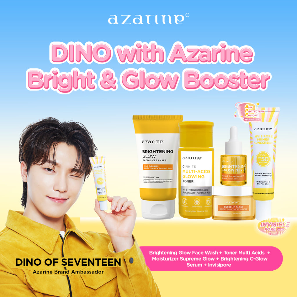 [BUY 5 GET 10] Azarine Bright & Glow Booster [5 PCS] Brightening Glow Face Wash Sabun Cuci Muka Mencerahkan Kulit + Toner Multi Acids untuk kulit Kusam + Supreme Glow Pelembab Wajah+Brightening C-Glow Serum + Invisipore Primer Sunscreen SPF 50 PA++++