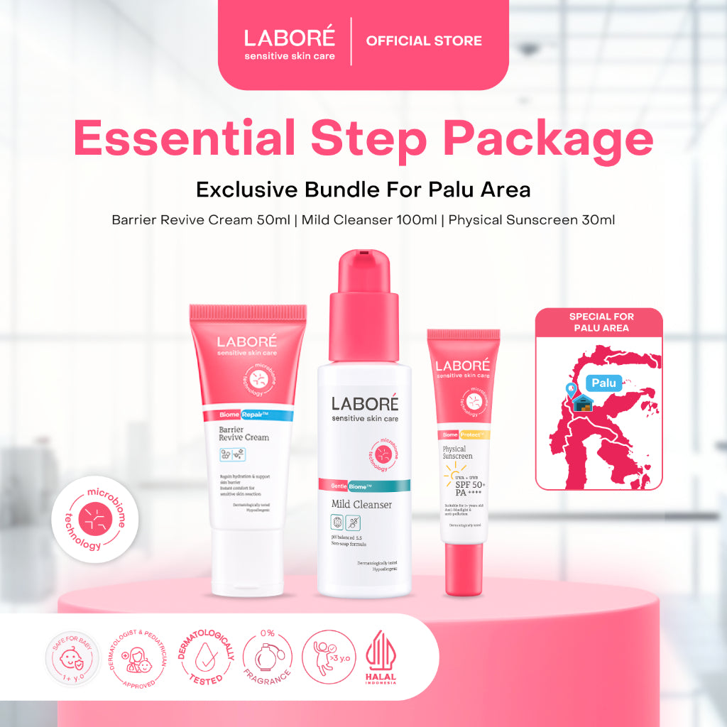 Labore Essential Step Package - Paket Mild Cleanser 100ml, Barrier Revive Cream 50ml, Physical Sunscreen 30ml untuk Perawatan Wajah Kulit Sensitif - Reguler