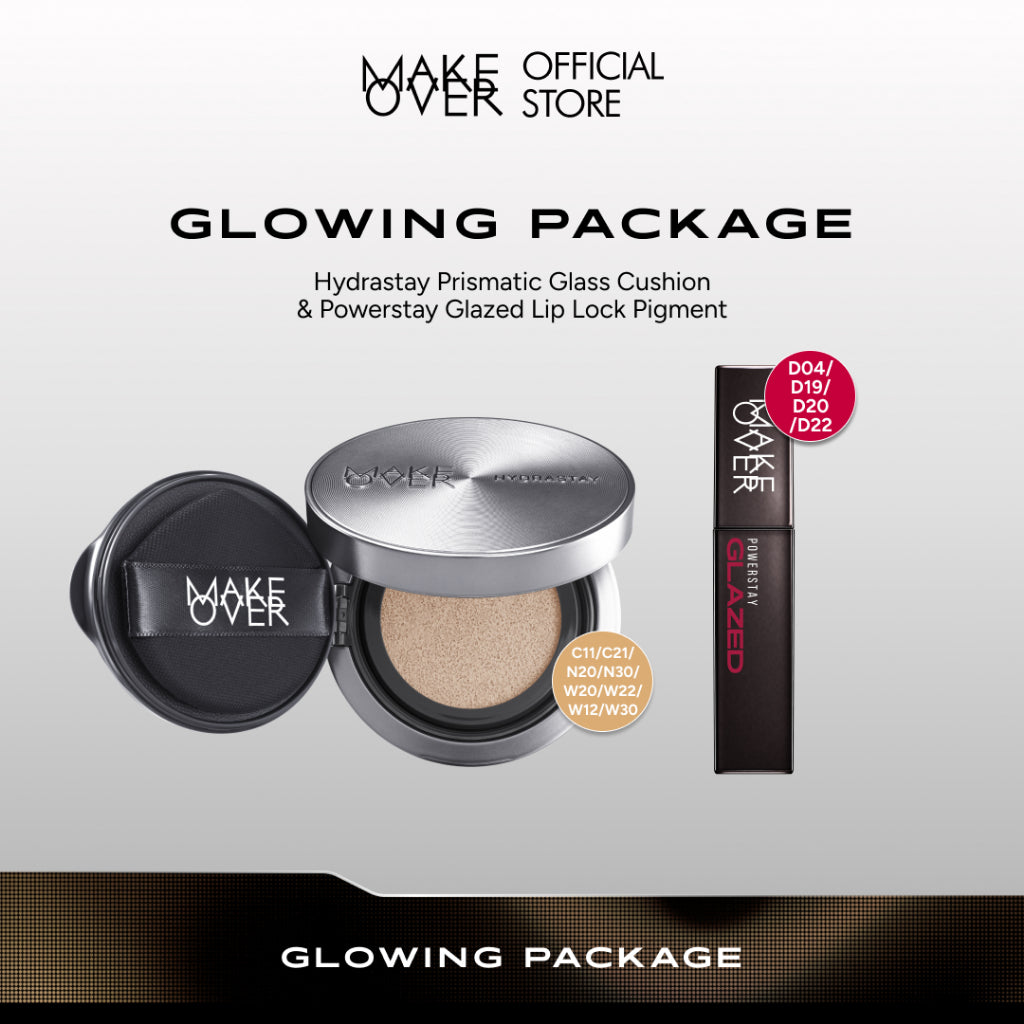 MAKE OVER Glowing Package: Hydrastay Prismatic Glass Cushion + (NEW SHADES!) Powerstay Glazed Lock Lip Pigment - Paket Cushion Glow Lip Glazed Sargio Glossy Pigmented Tahan Lama Spesial