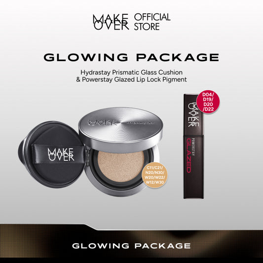 MAKE OVER Glowing Package: Hydrastay Prismatic Glass Cushion + (NEW SHADES!) Powerstay Glazed Lock Lip Pigment - Paket Cushion Glow Lip Glazed Sargio Glossy Pigmented Tahan Lama Spesial