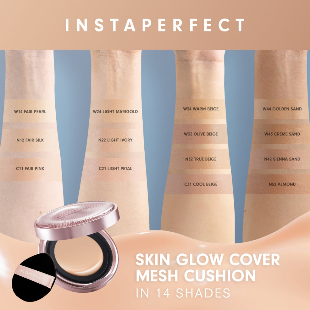 Instaperfect Skin Glow Cover Mesh Cushion High Coverage Formula Dilengkapi dengan SPF 50+ / PA++++  Tampilan Glow Up Natural- Melindungi Kulit dari Sinar UVA dan UVB- Make Up Foundation