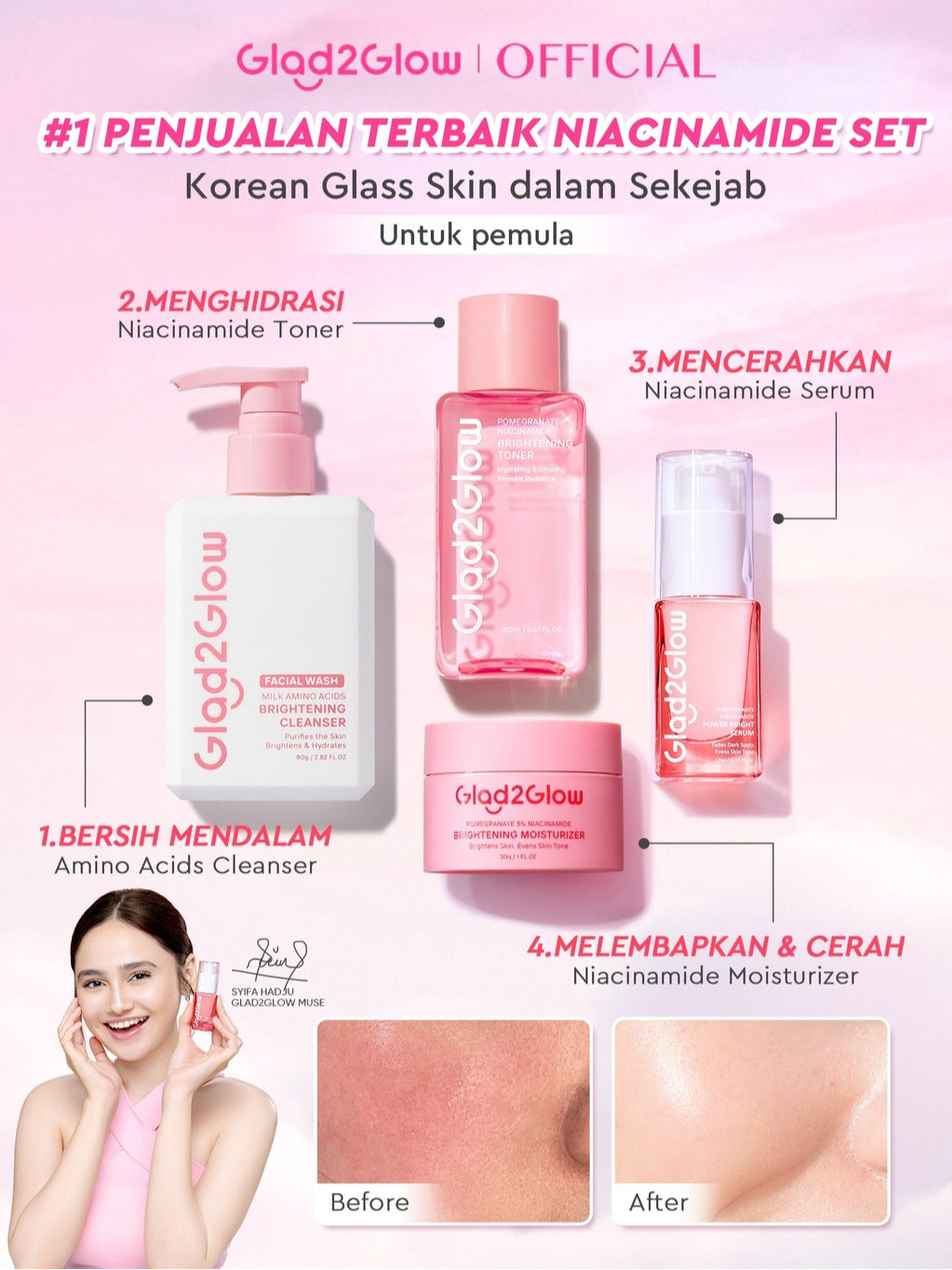 [Cocok Untuk Pemula] Glad2Glow Cerah Glowing Bundle 4in1-Brightening Moisturizer+Serum+Cleanser+toner+Peeling solution+Retinol 10%Niacinamide skincare paket pembersih perawatan kulit mencerahkan warna kulit pelembab wajah all in 1g2glow official store