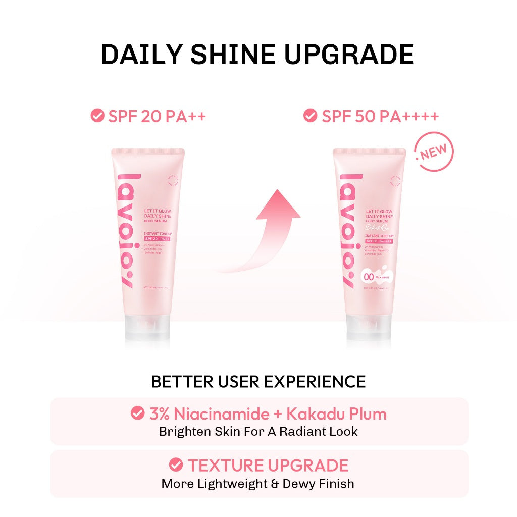 [TONE UP TWINPACK] Lavojoy Let It Glow Daily Shine Body Serum Instant Tone Up Delicate Rose with SPF 50PA++++ | Body Serum untuk Perlindungan Sinar UV | Mencerahkan Seketika & Melembapkan Kulit dengan 3% Niacinamide + Australian Super VC + Ceramide + HA