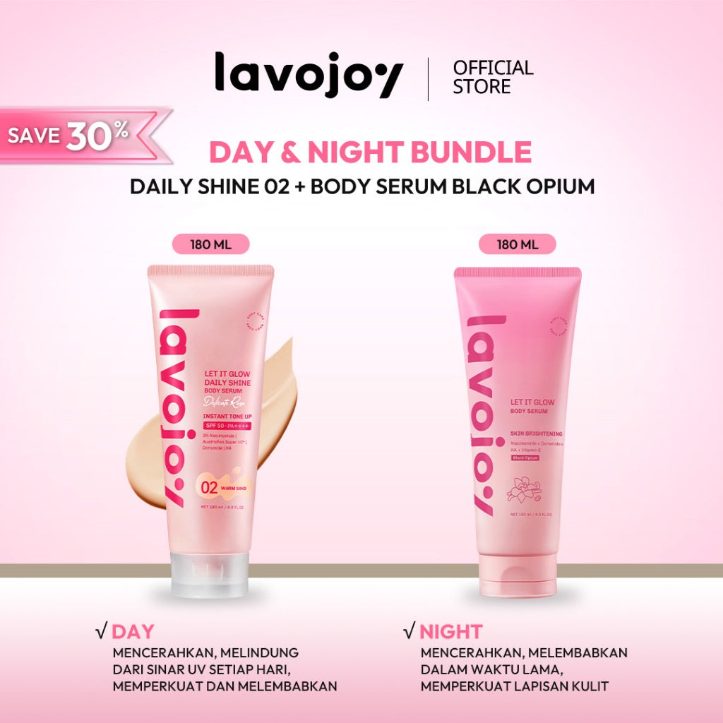 [BUNDLE DAY&NIGHT] Lavojoy Let It Glow Daily Shine Body Serum Instant Tone Up Delicate Rose with SPF 50 PA++++ & Body Serum Skin Brightening | Mencerahkan dan Melembabkan kulit |  Body Serum Siang dan Malam