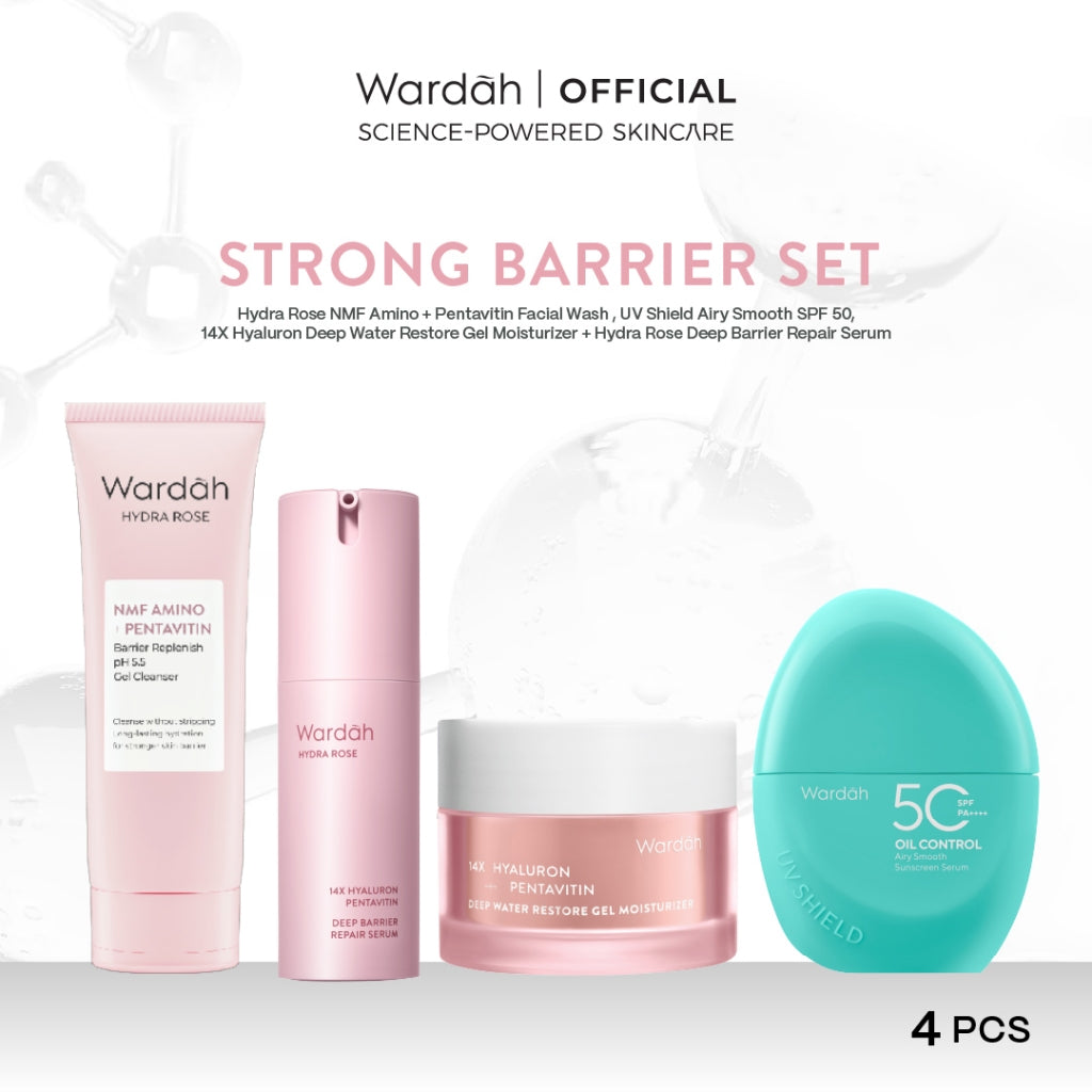 Wardah Paket 4 pcs Skincare Solusi Masalah Kulit - Face Wash, Moisturizer, Serum, & Sunscreen (Acnederm, Cica, Panthenol, UV Shield, Amino Facial Wash, Airy, Crystal Secret, Lightening, Day Cream) - Skincare